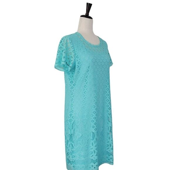 Issac Mizrahi Live! Turquoise Lace Short Sleeve Pullover Stretch Dress Size S - Picture 2 of 10